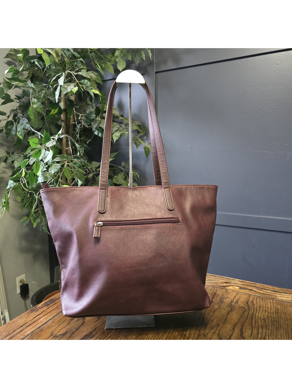 David Jones Burgundy Tote Bag with Studded Pocket and Zipper Closure